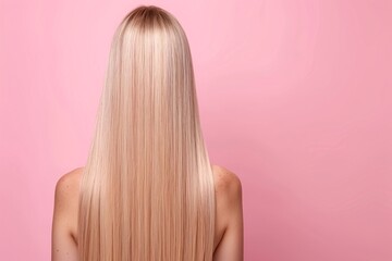 Back view of blonde woman, long sleek straight hair, natural shine, isolated on soft pink background, radiant and elegant look, minimalistic hairstyle concept, stylish and polished.


