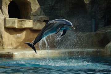 Dolphin leaps above water at marine park during afternoon show