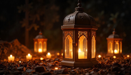 Fototapeta premium Glowing Ramadan lanterns illuminating soft candlelight at night, serenity