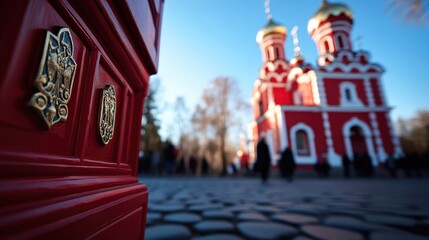 Fototapeta premium Red church, coat of arms, city square, worshippers