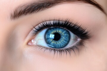 Obraz premium Close-up of a womana??s vibrant cobalt-blue eye, showcasing fine details and intricate patterns in the iris, captured in ultra HD