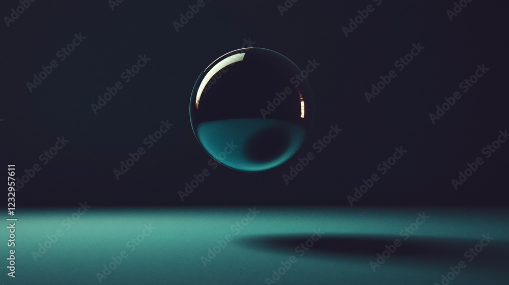 Poster dark orb floating above teal surface background