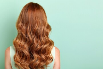 Fototapeta premium Back view of red-haired woman, long wavy hair, vibrant and natural texture, isolated on soft green background, stylish and radiant look, elegant hairstyle concept, minimalistic.