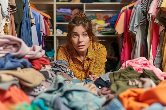 woman sorting through clothes in a cluttered closet, deciding what to keep, donate, or discard.