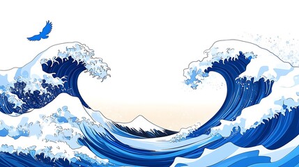 Majestic Ocean Waves Crashing Towards Mount Fuji A Bird Soars Above