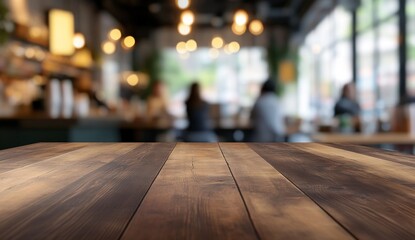 Rustic Wooden Tabletop in a Blurred Cafe Background