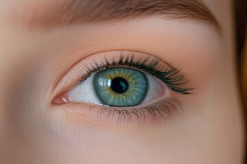 Obraz premium Close-up of a womana??s light teal-green eye, showcasing subtle gradients and crisp iris detailing, captured in ultra HD