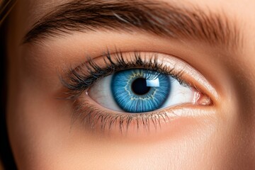 Obraz premium Close-up of a womana??s bright cyan blue eye, showing sharp contrast between the iris and pupil with fine texture details, captured in