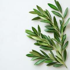 Fototapeta premium Olive branches on white textured background for design mockup