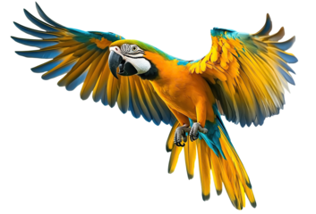 Colorful parrot flying with wide-spread wings, isolated on transparent cutout background