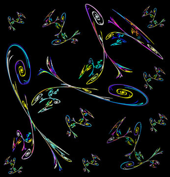 Colorful, subtle, elegant spiral pattern on a black background. 3D rendering. 3D illustration.