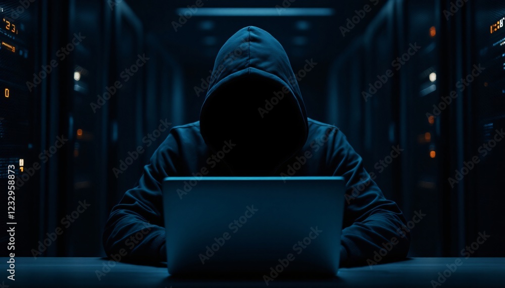 Poster anonymous hacker in dark hoodie working on laptop at night. cybercrime and internet security threat 