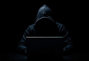 Mysterious man in dark hoodie working on laptop in darkness. Computer hacker silhouette against black background. Cybercrime and internet security threat concept with copy space