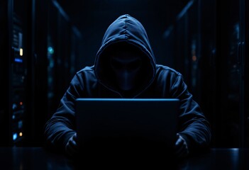 Mysterious hooded hacker in dark room working on laptop. Cybercrime and network security threat concept. Dark silhouette at night with blue glow from screen. Data center background