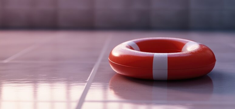Red life preserver on tiled floor, indoors, sunlight. Safety concept