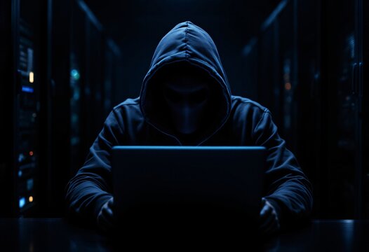 Mysterious hooded hacker in dark room working on laptop. Cybercrime and network security threat concept. Dark silhouette at night with blue glow from screen. Data center background
