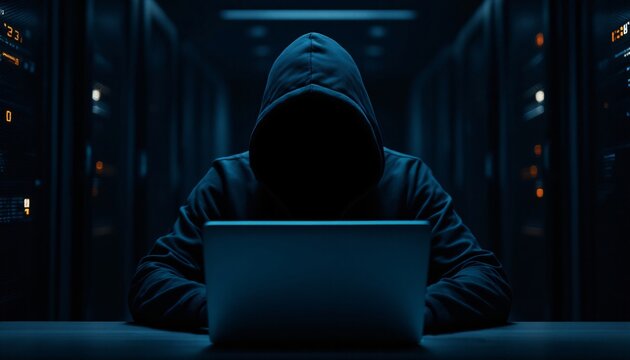Anonymous hacker in dark hoodie working on laptop at night. Cybercrime and internet security threat concept. Mysterious cyber attack in blue lighting with copy space