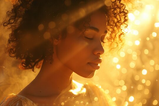 African American woman in prayer, seeking God, surrounded by light in her home.