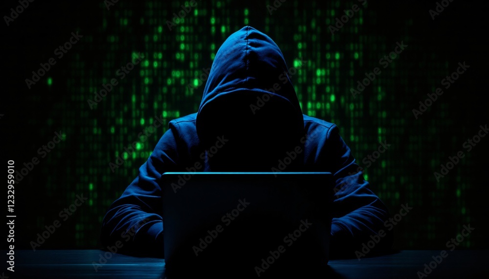 Poster hooded hacker in dark room with matrix-style green code background. mysterious computer criminal sil