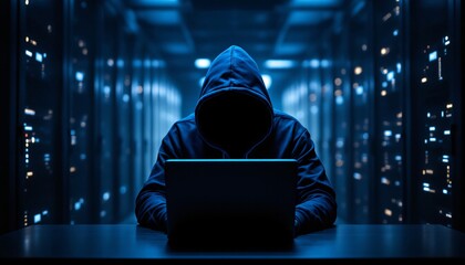 Person in dark hoodie working on laptop in server room at night. Mysterious hacker silhouette in blue lit data center. Cybersecurity threat concept for tech background with copy space