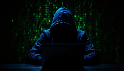 Hooded hacker in dark room with matrix-style green code background. Mysterious computer criminal silhouette at laptop. Digital security threat concept for web banner and tech warning