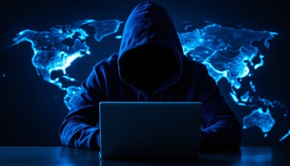 Dark silhouette of person in hoodie with laptop against glowing blue world map background. Cyber security threat concept. Digital crime scene with dramatic lighting