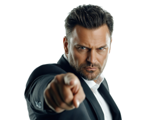 Confident businessman pointing directly at the viewer, isolated on transparent cutout background