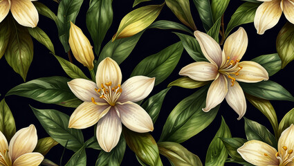 illustration of vanilla flower with leaves in watercolor style