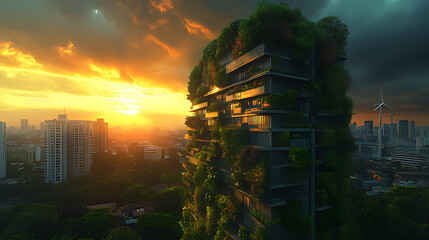 Obraz premium Green urban skyscraper sunset cityscape sustainability