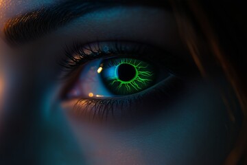 Close-up of a womana??s deep emerald-green eye, showcasing glowing veins and smooth gradients, captured in