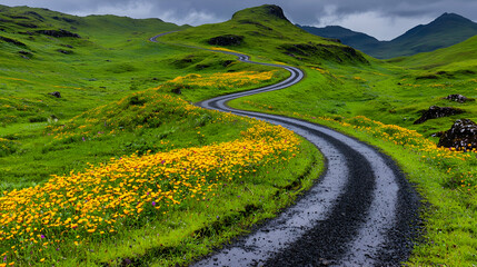 Naklejka premium Winding road through green hills, wildflowers, cloudy sky. Travel photography