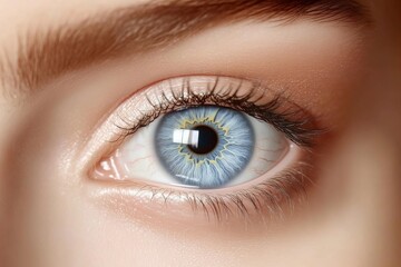 Fototapeta premium Detailed close-up of a womana??s pale pastel blue eye, with soft, subtle textures and fine patterns in the iris, captured in