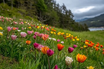 Fototapeta premium Colorful bouquet of various flowers arranged on green grass in a natural setting
