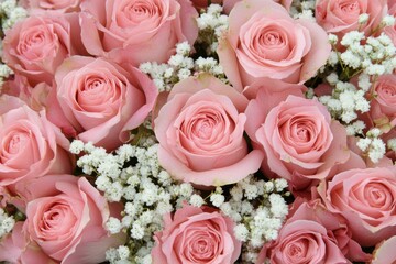 Obraz premium Soft pink roses surrounded by delicate white baby's breath for a romantic bouquet display