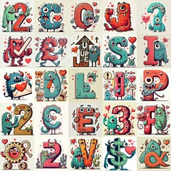 Obraz premium Love monsters Lettering Typeface. AI generated illustration