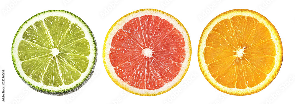 Poster set of three round citrus slices (lime, grapefruit, orange), isolated on transparent cutout backgrou