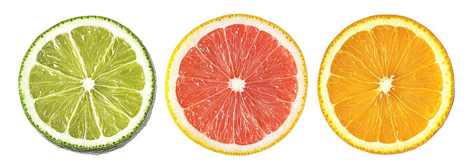 Obraz premium Set of three round citrus slices (lime, grapefruit, orange), isolated on transparent cutout background
