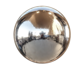 Shiny metal sphere with reflective surface, isolated on transparent cutout background