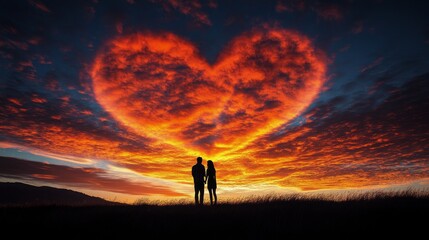 Fototapeta premium Romantic sunset silhouettes with heart-shaped clouds at a serene landscape