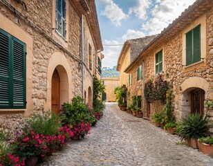 Naklejka premium Generated image A cobblestone street in the picturesque village of Valldemossa, lined with flowers and stones