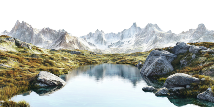 Alpine landscape with snowy mountains and calm lake, isolated on transparent cutout background