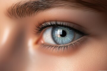 Fototapeta premium Detailed close-up of a womana??s light blue-gray eye, with soft gradients and distinct reflections in the iris, captured in ultra HD