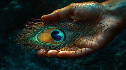 Peacock Feather Held Gently in a Person's Hand Showing its Detailed Eye Pattern of the Plumage.