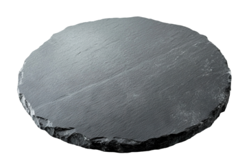 Round black slate serving plate, isolated on transparent cutout background
