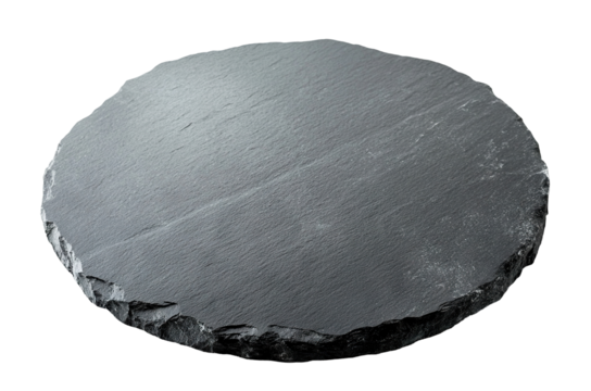 Round black slate serving plate, isolated on transparent cutout background