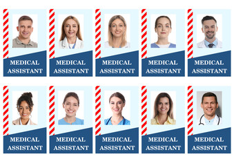 Medical assistant badges with photos of different people isolated on white