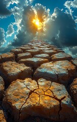 Sunlit cracked earth path, hope, drought, climate, change, sky