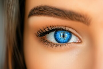 Obraz premium Detailed close-up of a womana??s vibrant cobalt-blue eye, showcasing clear reflections and sharp texture in the iris, captured in ultra HD