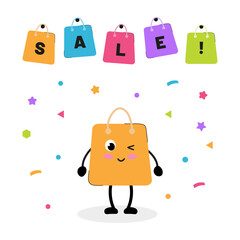 Happy shopping bag character celebrating a festive sale with colorful decorations