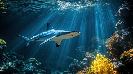 Naklejka premium Shark swimming in ocean coral reef, sun rays